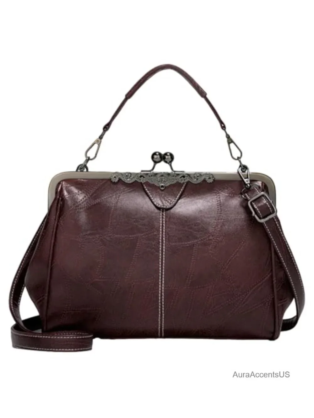 Vintage Crossbody Bag Top Handle Kiss Lock Handbag Satchel PU Leather